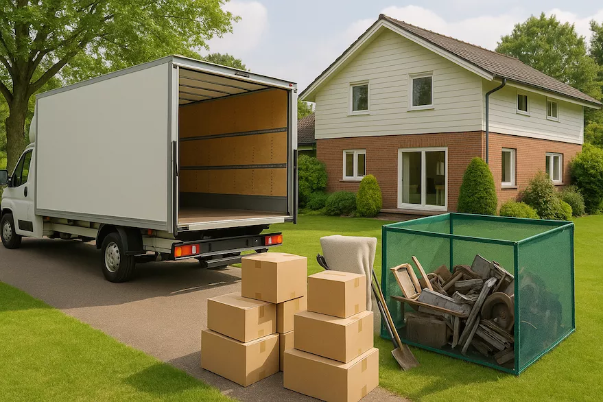 “Flyttlastbil parkerad vid villa med stor trädgård och grovsopsskärm – symboliserar flytt från hus med fokus på sortering, packning och bortforsling av grovsopor”